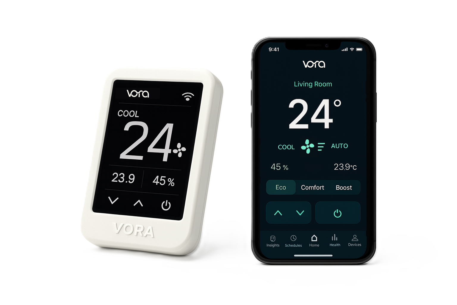 Vora device and companion app showing thermostat controls